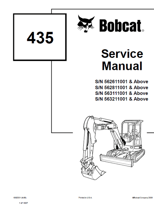 Bobcat 435 Compact Excavator Repair Service Manual Workshop Guide