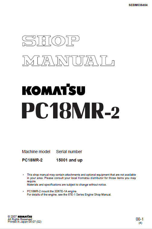 Komatsu PC18MR-2 Excavator Service Manual Workshop Guide