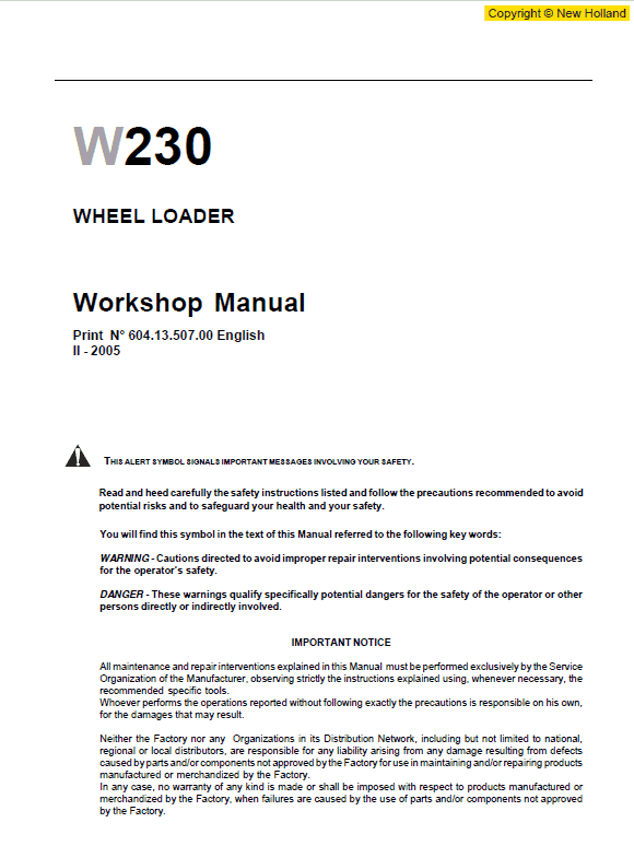 New Holland W230 Wheeled Loader Service Manual Workshop Guide