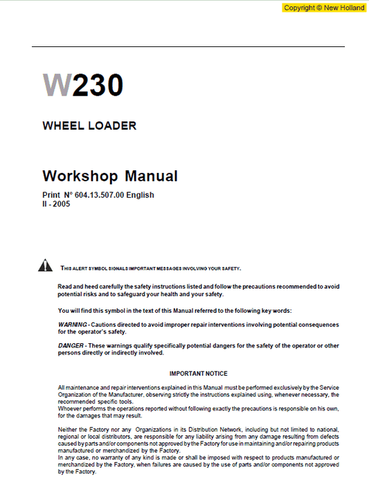 New Holland W230 Wheeled Loader Service Manual Workshop Guide