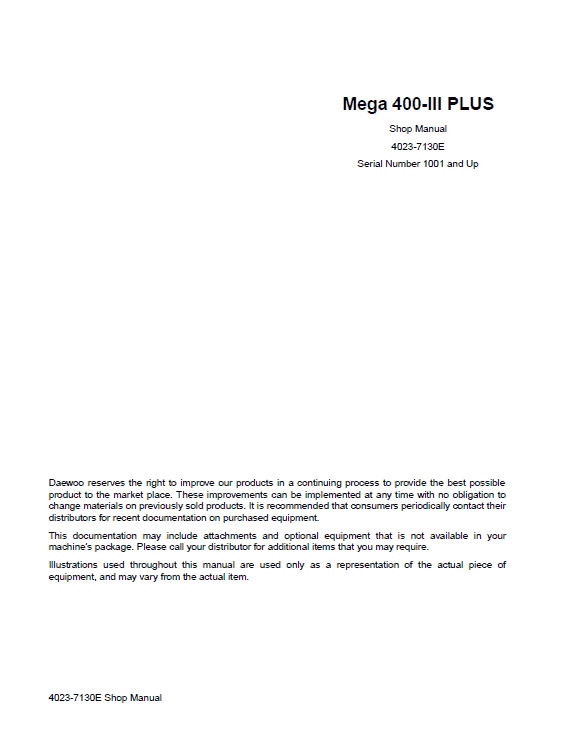 Daewoo Mega M400-III Wheel Loader Service Manual Workshop Guide