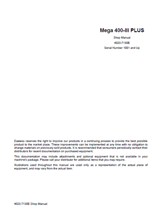 Daewoo Mega M400-III Wheel Loader Service Manual Workshop Guide