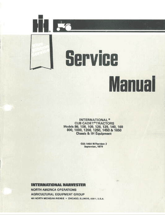 Cub Cadet 86, 108, 109, 128, 129, 149, 169 Tractor Service Manual Workshop Guide