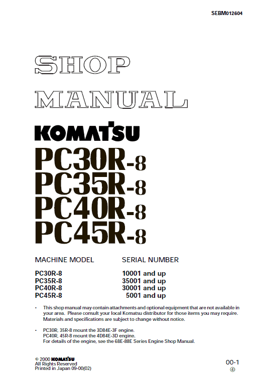 Komatsu PC30R-8, PC35R-8, PC40R-8, PC45R-8 Excavator Service Manual Workshop Guide