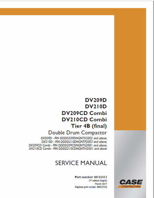 Case DV209D, DV210D, DV209CD, DV210CD Drum Compactor Service Manual Workshop Guide