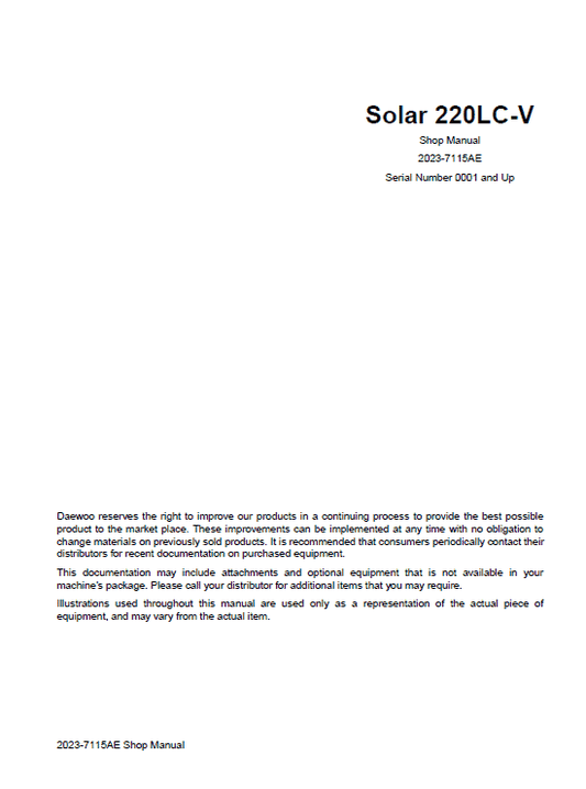 Daewoo Solar S220LC-V Excavator Service Manual Workshop Guide