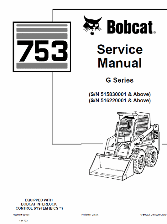 Bobcat 753 G-Series Skid-Steer Loader Service Manual Workshop Guide