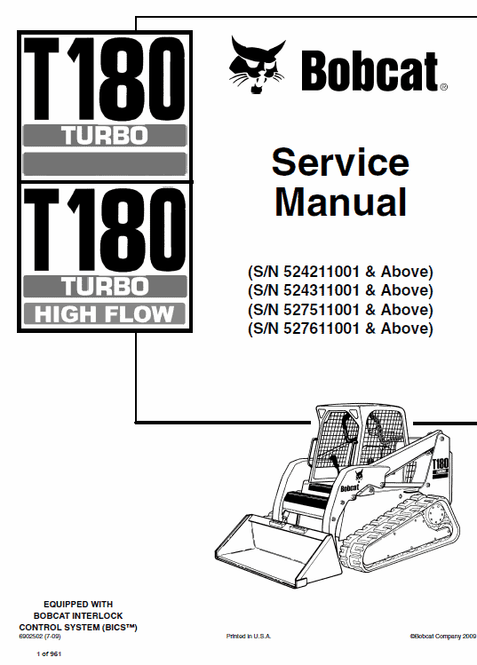 Bobcat T180 Turbo, T180 Turbo High Flow Loaders Service Manual Workshop Guide