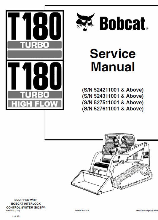 Bobcat T180 Turbo, T180 Turbo High Flow Loaders Service Manual Workshop Guide