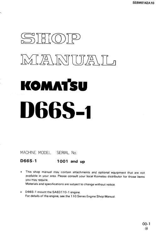 Komatsu D66S-1 Dozer Service Manual Workshop Guide
