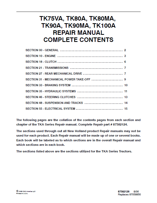New Holland TK90A, TK90MA, TK100A Tractor Service Manual Workshop Guide