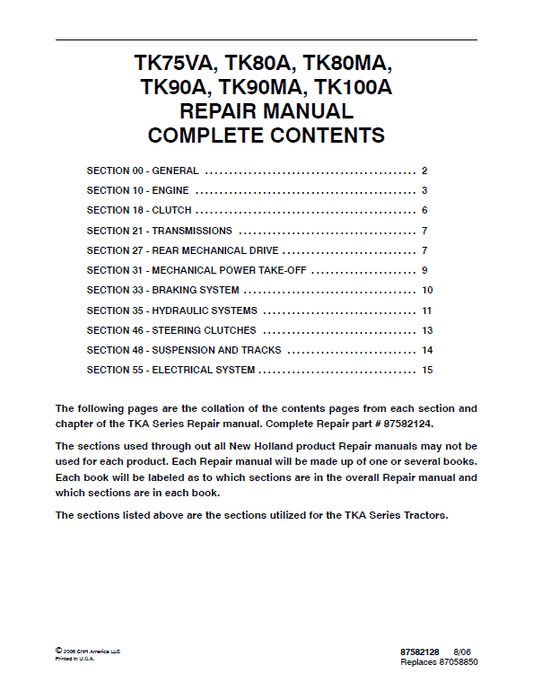 New Holland TK90A, TK90MA, TK100A Tractor Service Manual Workshop Guide