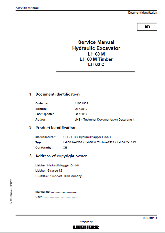 Liebherr LH60M, LH60M Timber, LH60C Tier 4i Excavator Service Manual