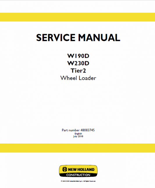 New Holland W190D, W230D Tier 2 Wheel Loader Service Manual Workshop Guide