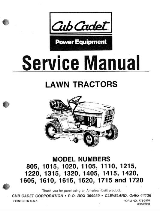 Cub Cadet 1220, 1315, 1320, 1405, 1415, 1420 Tractor Service Manual Workshop Guide