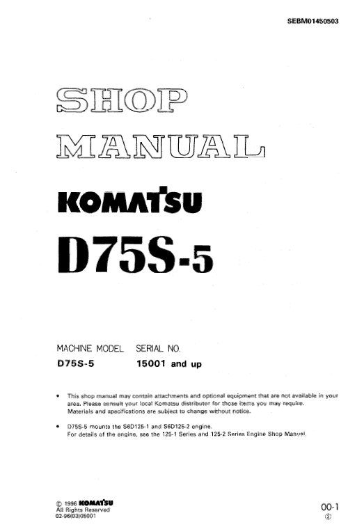 Komatsu D75S-5 Dozer Service Manual Workshop Guide