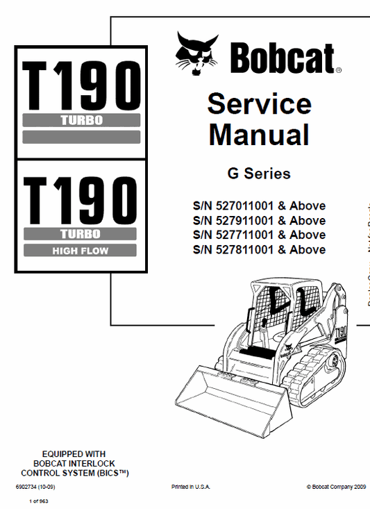 Bobcat T190 Turbo and Turbo High Flow Track Loader Service Manual Workshop Guide