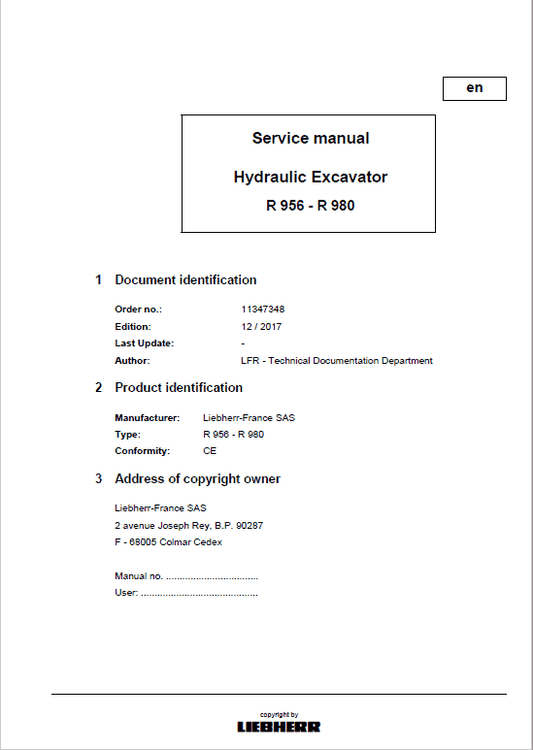 Liebherr R956, R960 SME, R966, R970 SME, R976, R980 SME Excavator Manual