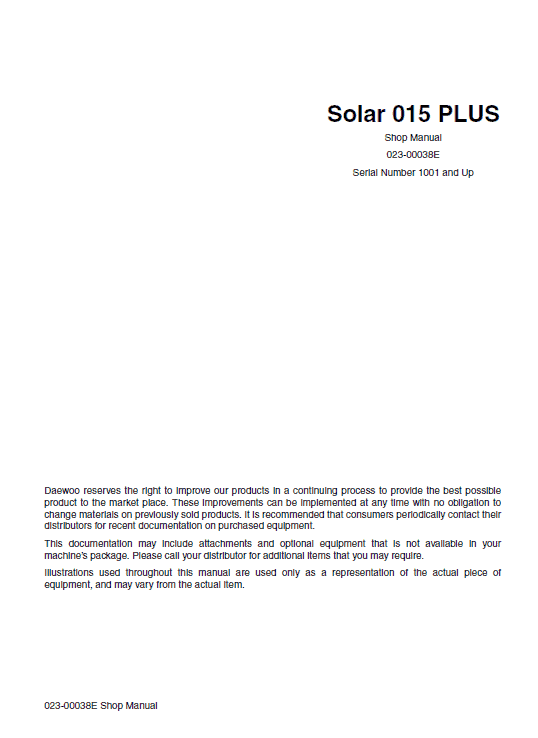 Daewoo Solar S015 Plus Excavator Service Manual Workshop Guide