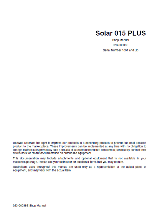 Daewoo Solar S015 Plus Excavator Service Manual Workshop Guide