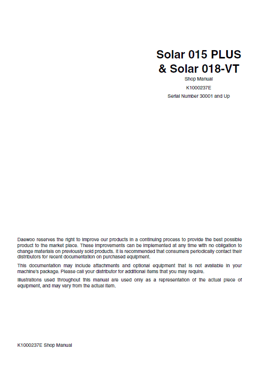 Daewoo Solar S018-VT Excavator Service Manual Workshop Guide