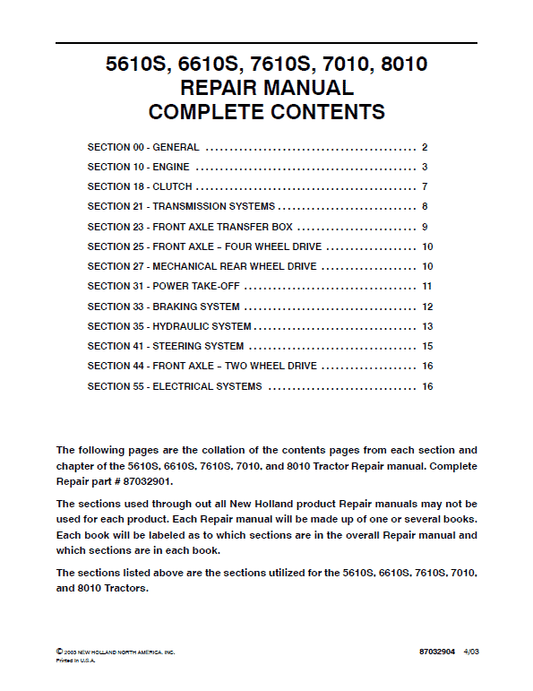 New Holland 5610S, 6610S, 7610S, 7010 Tractor Service Manual Workshop Guide