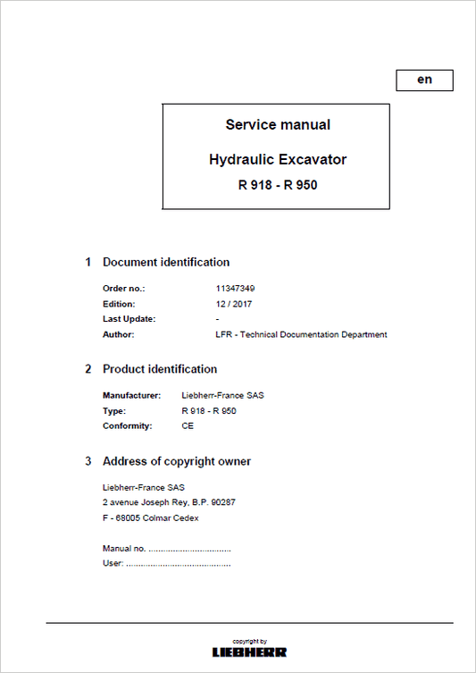 Liebherr R918, R920, R922, R924, R926, R936, R946, R950, R926 Compact Excavator Manual