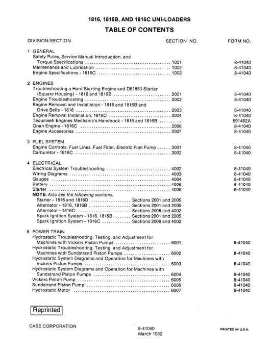 Case 1816, 1816B, 1816C Uni-Loader Service Manual Workshop Guide