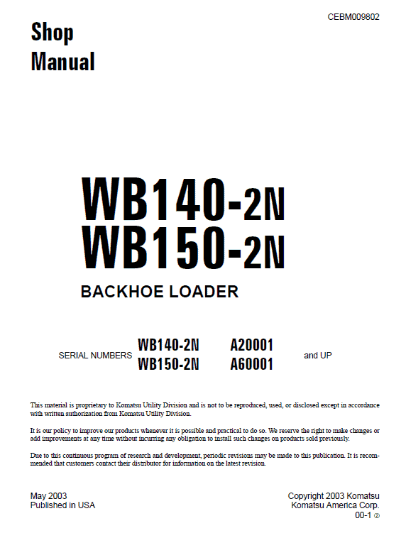 Komatsu WB140-2 and WB150-2 Backhoe Loader Service Manual Workshop Guide