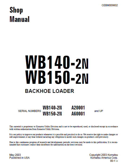 Komatsu WB140-2 and WB150-2 Backhoe Loader Service Manual Workshop Guide