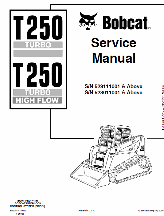 Bobcat T250 Turbo and Turbo High Flow Track Loader Service Manual Workshop Guide