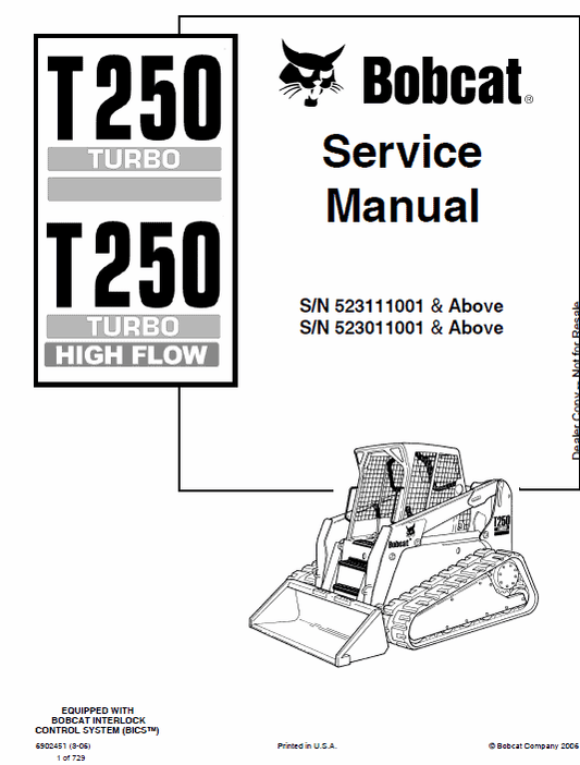 Bobcat T250 Turbo and Turbo High Flow Track Loader Service Manual Workshop Guide