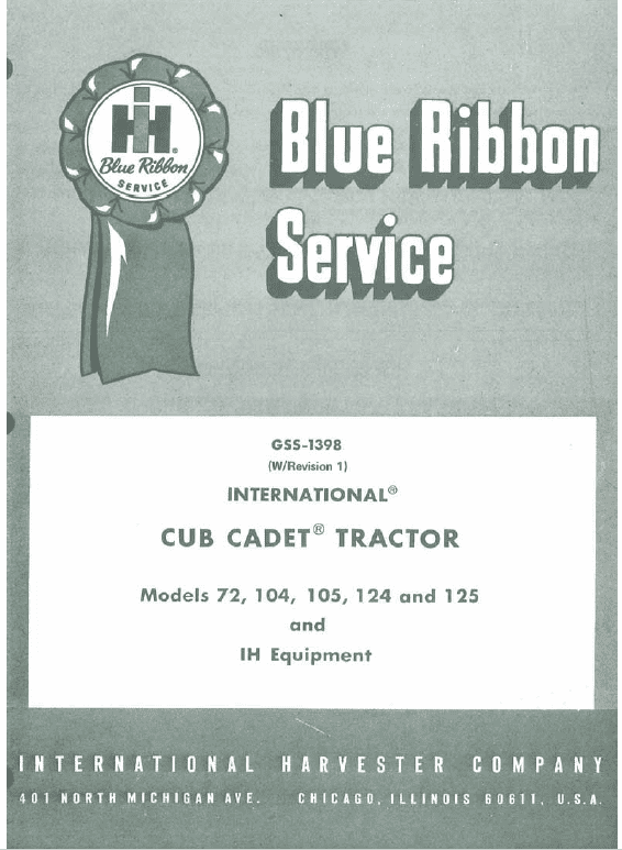 Cub Cadet 72, 104, 105, 124 and 125 Tractor Manual Workshop Guide