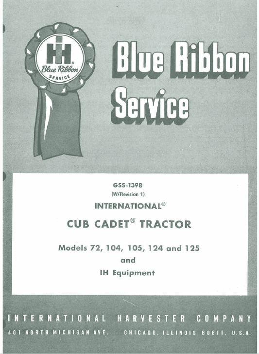 Cub Cadet 72, 104, 105, 124 and 125 Tractor Manual Workshop Guide