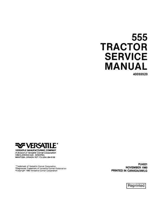 Versatile 555 Tractor Service Manual Workshop Guide