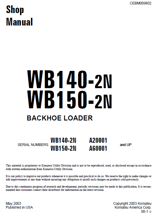 Komatsu WB140-2N and WB150-2N Backhoe Loader Service Manual Workshop Guide