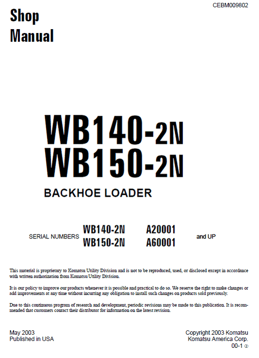 Komatsu WB140-2N and WB150-2N Backhoe Loader Service Manual Workshop Guide