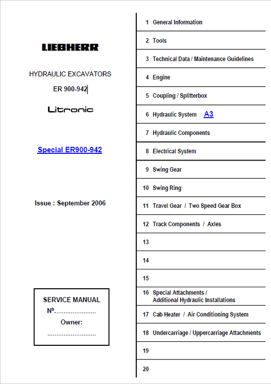 Liebherr ER900, ER902, ER912, ER922, ER932, ER942 Excavator Service Manual