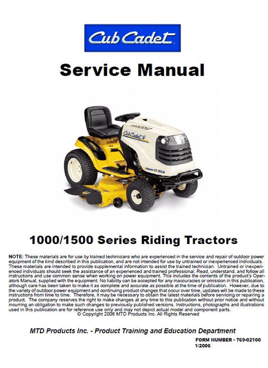 Cub Cadet 1000 and 1500 Series Service Manual Workshop Guide