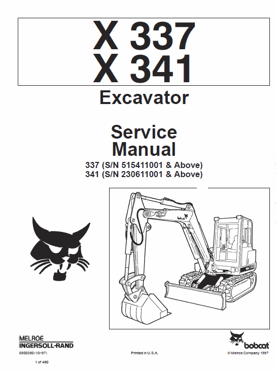 Bobcat X337 and X341 Excavator Service Manual Workshop Guide