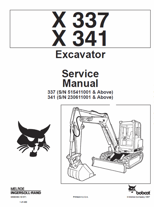 Bobcat X337 and X341 Excavator Service Manual Workshop Guide