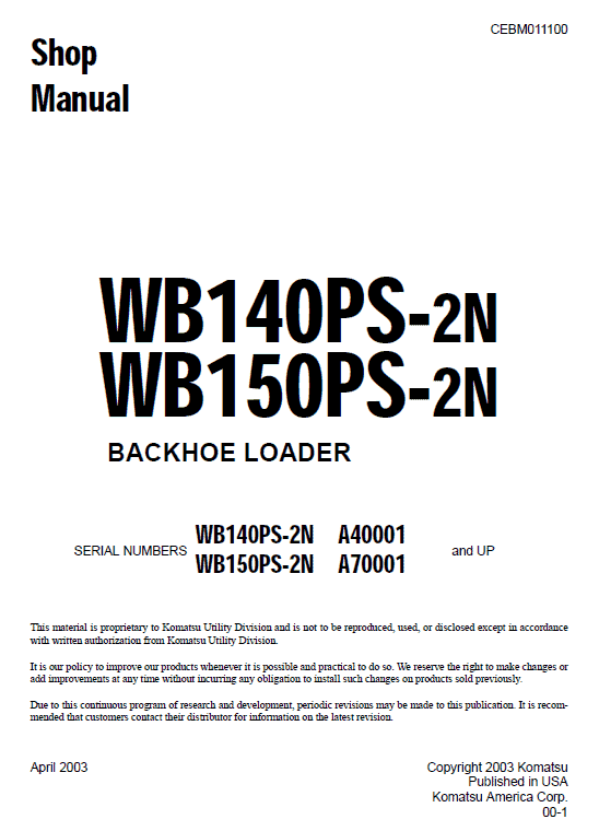 Komatsu WB140PS-2N and WB150PS-2N Backhoe Loader Service Manual Workshop Guide