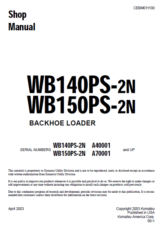 Komatsu WB140PS-2N and WB150PS-2N Backhoe Loader Service Manual Workshop Guide