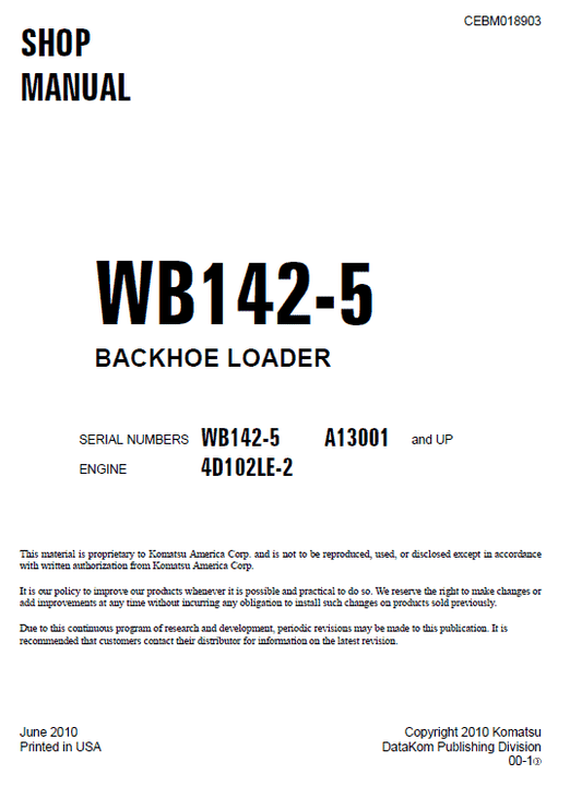 Komatsu WB142-5 Backhoe Loader Service Manual Workshop Guide