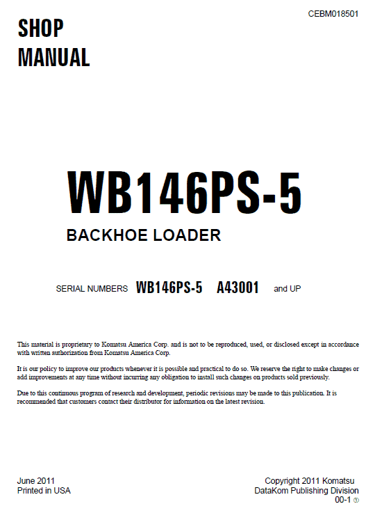 Komatsu WB146PS-5 Backhoe Loader Service Manual Workshop Guide