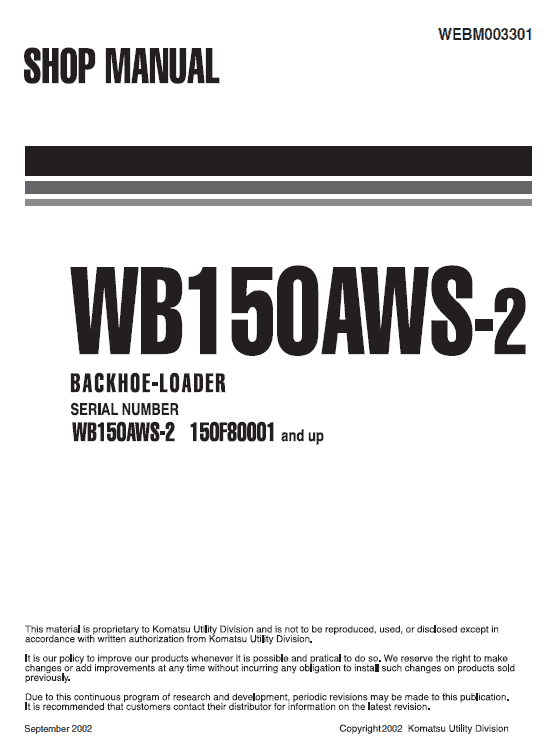 Komatsu WB150AWS-2 Backhoe Loader Service Manual Workshop Guide