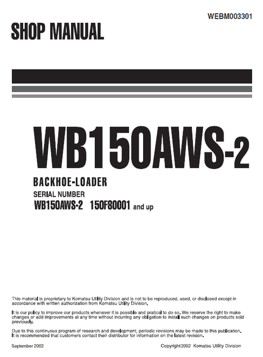 Komatsu WB150AWS-2 Backhoe Loader Service Manual Workshop Guide