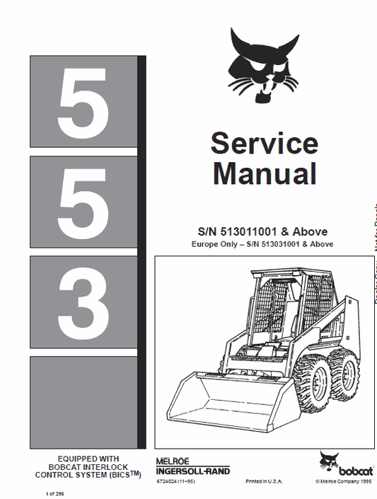 Bobcat 553 Skid-Steer Loader Service Manual Workshop Guide