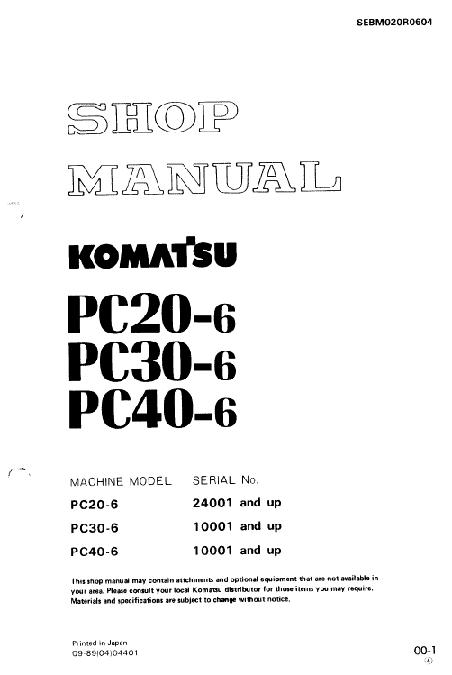 Komatsu PC20-6, PC30-6, PC40-6 Excavator Service Manual Workshop Guide