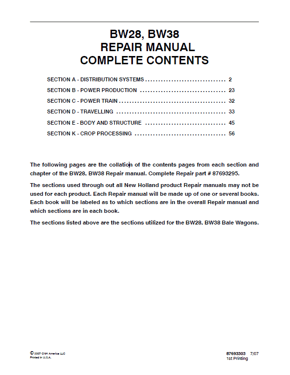 New Holland BW28, BW38 Bale Wagon Service Manual Workshop Guide